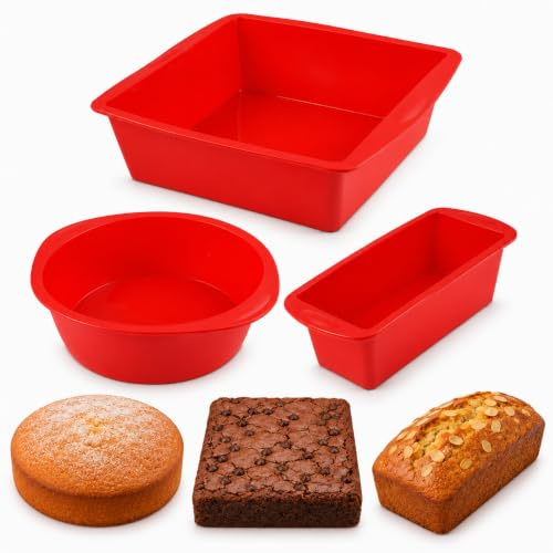 3 Stück Kuchenform Silikon, Rot Silikon Backformen, Antihaftbeschichtet & BPA-frei, Silikonformen Kuchen zum Heißluftfritteusen, Backöfen, für Laibkuchen, Brownies (Runde, Eckige & Kastenform)