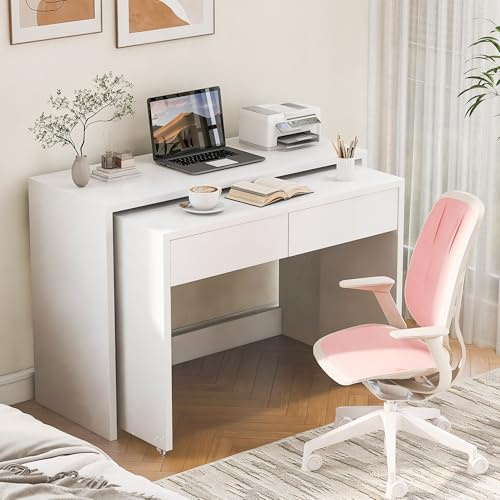 HYSZ Escritorio plegable, escritorio con cajones, escritorio de esquina, aparador, escritorio de estantería, escritorio compacto 2 en 1, extensible, ruedas equipadas, 110 × 40 × 78 cm (blanco)