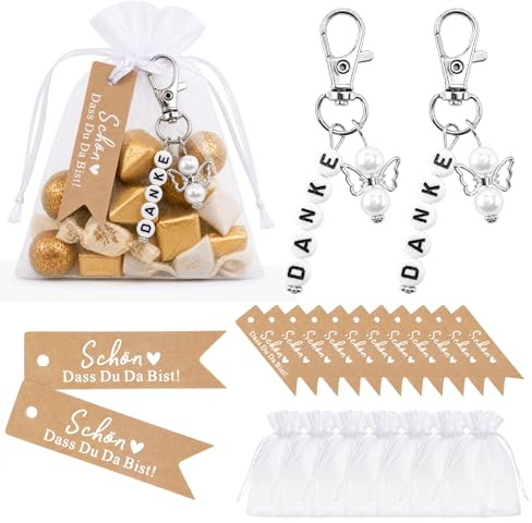 jijAcraft 24 Stück Gastgeschenke Hochzeit mit Schutzengel Anhänger: Kraftpapier Schön dass du da bist Geschenkanhänger, Organzasäckchen, Kleine Dankeschön Geschenke für Gäste, Taufe Kommunion
