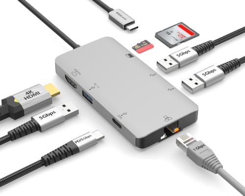 EZQuest USB-C Multimedia Hub Adapter 8 Anschlüsse (HDMI 4K 30Hz, 100W USB-C PD 3.0, Gigabit Ethernet, 3X USB 3.0, SD & Micro SD) für MacBook Air, MacBook Pro, XPS und mehr