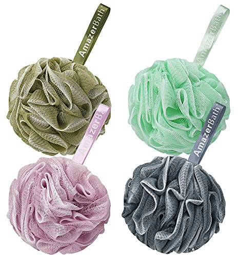 AmazerBath Loofah Sponge 75g/Piece, Exfoliating Bath Sponge Body Scrubber, Large Loofa Set of 4 - White Grey-Pink-Army Green-Green