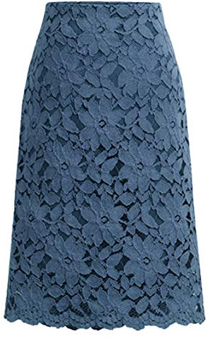 ebossy - Gonna da donna elegante, in pizzo floreale, lunghezza al ginocchio (Taglia Piccola, Blu Scuro)