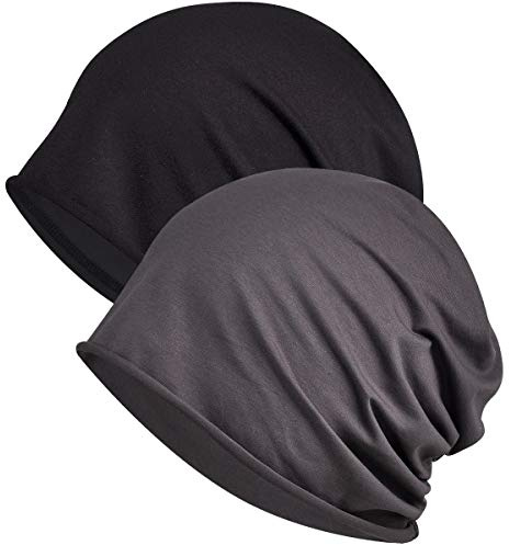 WELROG Chemo Hat Mütze für Frauen Kopftuch Superweicher Slouchy Turban Kopfbedeckung Kopfwickel Chemo Headgear Head Wraps Schlafhut gegen Krebs und Haarausfall Schwarz + Dunkelgrau （Einschichtig）