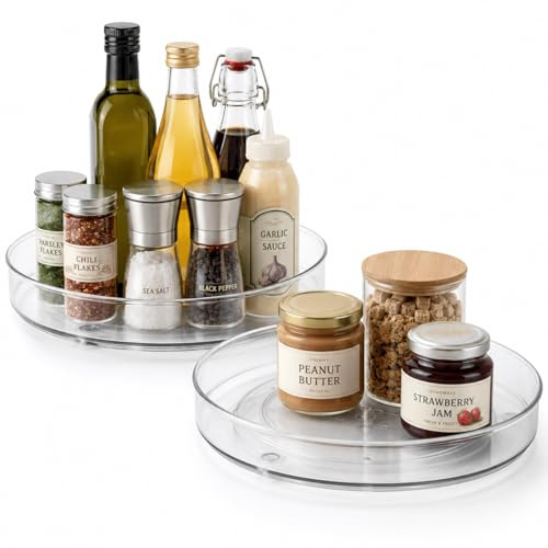 AHUNTTER 2PCS Large Lazy Susan Turntable Organizer, 360° Rotatable Spice Rack for Spices Condiments Oil Bottles & Jars, 27cm Clear Plastic Kitchen Turntable Storage Cabinet for Sideboard Cupboard