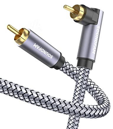 90 graders RCA-kabel SOUNDFAM subwoofer-kabel rät vinkel digital koaxial RCA-kabel hane till hane Vidio-ljudkabel guldpläterade kontakter för hemmabio, HDTV, hemstereo och DVD- grå (1 m)