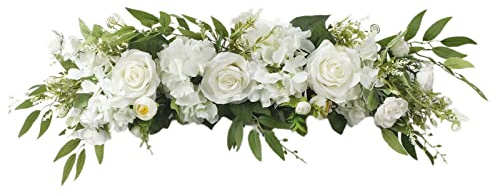 BFYDOAA Rose Swag Blumen, Hochzeitsbogen Blumen Künstliche Rustikale Blume Swag Grüne Blätter Rose Pfingstrose Türkranz für Hochzeitsbogen Haustür Haus Wanddekoration Weiß, 65 cm