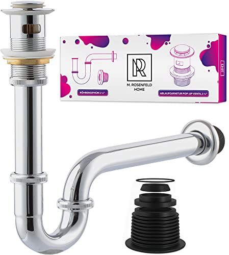 Universal Siphon für Waschbecken (Extra Lang Röhre) 1 1/4 Zoll (32 mm) + Waschbecken Ablaufgarnitur Pop Up mit Überlauf - Waschbeckenstöpsel und Syphon Badezimmer Waschbecken M. ROSENFELD HOME