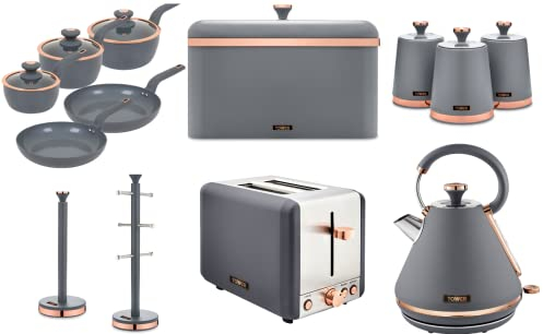 Tower Cavaletto Ultimate Kitchen Set of 13 in Grey & Rose Gold with Pyramid Kettle, 2 Slice Toaster, Bread Bin, 3 Tea, Coffee & Sugar Canisters, 6 Cup Mug Tree, Towel Pole & 5 Piece Pan Set