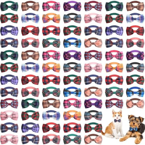 80 Pcs Dog Bow Ties Assorted Pattern Dog Bowtie Adjustable Dog Collar Bows Cat Bowtie Collar Dog Bowknot for Small Medium Basic Puppy Pet Photography Festival Grooming Party (Plaid Bow Tie)