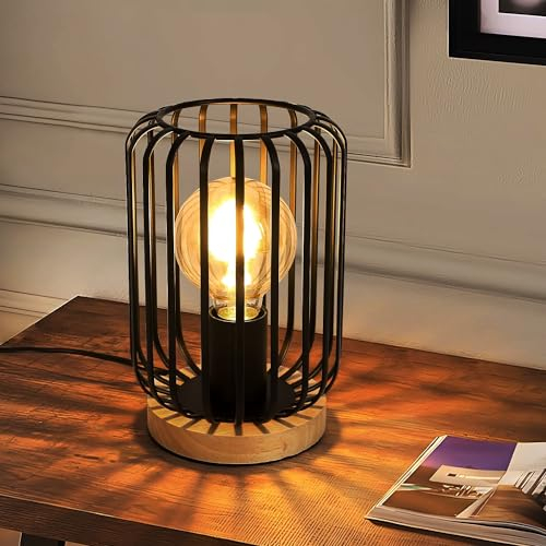 Comely Lampe de Bureau Vintage, Lampe de Chevet Chambre Cage pour Ampoule E27, Noir Lampe de Table Bois & Métal pour Chambre à Coucher, Salon, Salle à Manger, L'étude, Bureau 60W Máx