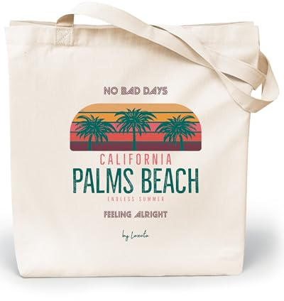 Loxato Tygväska i Bomull - Original Shoppingväska Dam - Estetisk Stor Väska Med Extra Breda 8 cm Långa Handtag - Naturlig Bomullsväska, Palms Beach, L
