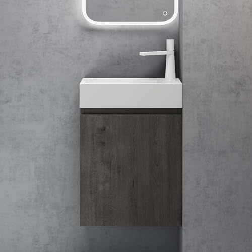 doporro Badmöbel Set Unterschrank 46cm Eiche Stirling mit Waschbecken | Wandhängendes Badmöbel-Set mit Mineralguss-Waschbecken – platzsparend & pflegeleicht für Gäste-WC & kleine Bäder Pisa 02