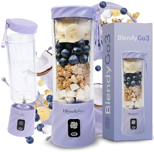 BlendyGo 3 Tragbarer Mixer, Blender, Mini Standmixer, 550 ml, Smoothie maker, Mixer smoothie maker to go, kabellos, zerkleinert Eis und Obst, BPA-freie, PulseMotion & BlendPro (Lavendel)