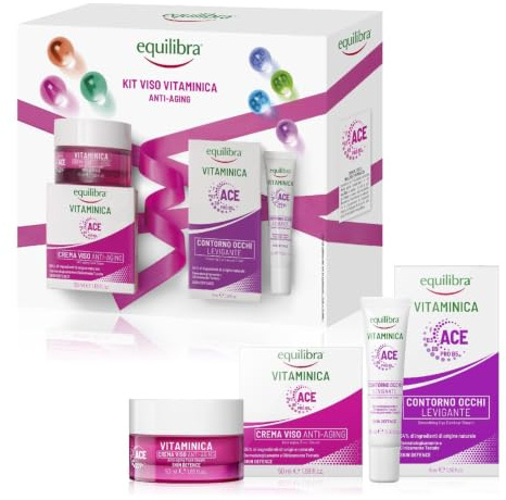 Equilibra Ansikte, anti-aging vitamin ansiktssats, låda med anti-aging ansiktskräm, mot tidens tecken, och utjämnande ögonkontur, minskar väskor och mörka ringar, presentförpackning