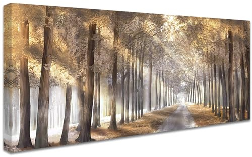 Albero della foresta soleggiato Stampa su tela con cornice Bosco marrone Astratta Pittura Stampe da Parete Quadri Moderni Poster da parete Decorazioni da parete soggiorno Camera da letto 50x120cm