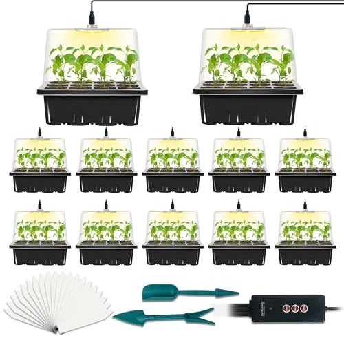 12-Set Seed Starter Tray with Grow Light, Seed Starting Trays Kits with Timing Controller Adjustable Humidity Domes Heightened Lids(12-Cells Per Tray)