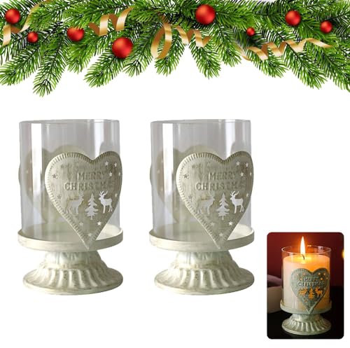 Hiseng 2 Stück Teelichthalter aus Metall Antiquität Retro Glas Kerzenhalter, Votivkerzenhalter, Teelichtgläser Kerzenleuchter Dekoration für Weihnachten Tischdeko, Hochzeit, Party (Liebe)