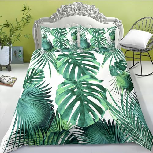 FABTOP Bettwäsche Tropische Blätter Grün Palmenblätter Muster Bettbezug Tropische Palmenblätter Und Monstera Bettwäsche-Set Für Einzelbett (6,135x 200 cm)