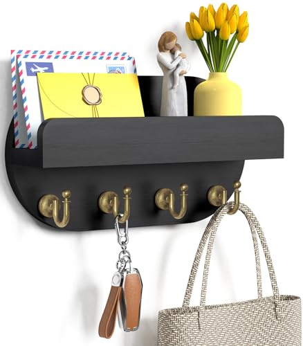 buways Schlüsselbrett mit Ablage, Schlüsselhalter Wand mit 4 Schlüsselhaken, Schlüsselablage Holz für Wohnzimmer, Küche, Büro, Flur, Schlafzimmer, Schwarz