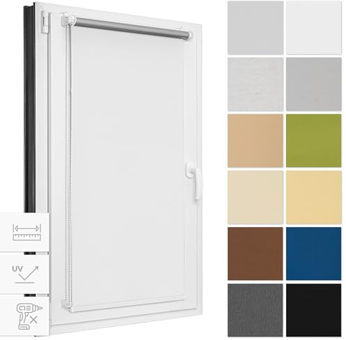Estika Verdunklungsrollo ohne Bohren, Breite alle 1 cm - 126 cm x 220 cm - Weiß - Thermorollo, Rollos für Fenster ohne Bohren, Sonnenschutz Fenster innen