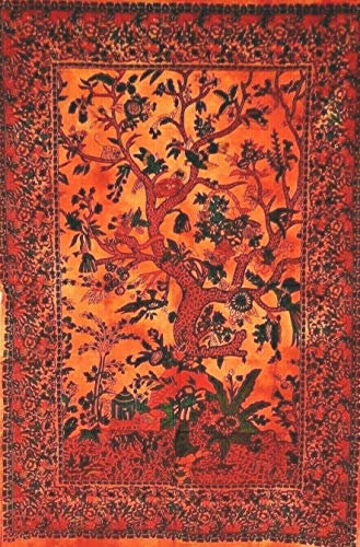 AVA Collections Arazzo in cotone da appendere alla parete con mandala, decorativo, in cotone, bohémien, psichedelico, copriletto, tappeto da picnic, decorazione per la casa (arancione, albero della