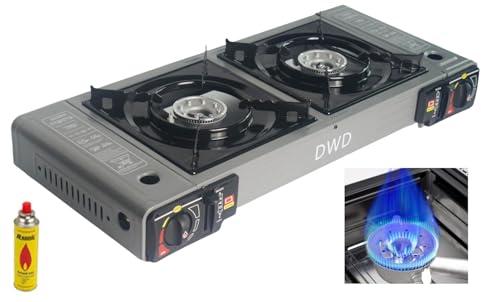 DWD® Premium Double Camping Gas Stove 5KW For Butane Gas or LPG Gas Source Connector Supplied EN417 Compliant Automatic Ignition & Heat Control Enamel Pan Supports, Grey Double Cooker Portable