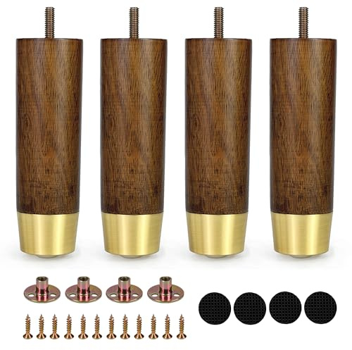 Vilanca 15cm Wooden Furniture Legs with Gold Cap Set of 4 Sofa Replacement Solid Wood Furniture Feet for Armchair Couch Cabinet Dresser Ottoman TV Stand Bed Legs (6inch)