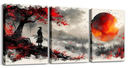 Ensemble de 3 toiles d'art murale japonaise Samurai, imprimé de cerisiers en fleurs rouges en noir et blanc, poster de guerrier japonais, impression Bushido, décor mural vintage, décoration intérieure