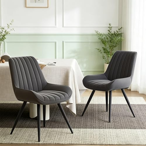 Hawthyhome Dining Chairs Set of 2 Upholstered Chairs with 10cm Thick Seat Cushion Fabric Dining Chair Backrest Modern Armchairs with Metal Legs Dark Grey