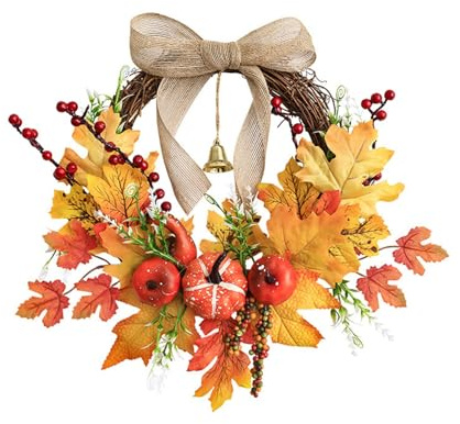 Artificial Fall Wreaths for Front Door Rustic Autumn Wreath with Pumpkin,Rose,Berry Branchesm,Thanksgiving Wreath Fall Door Wreath for Halloween Christmas Indoor Outdoor Decor
