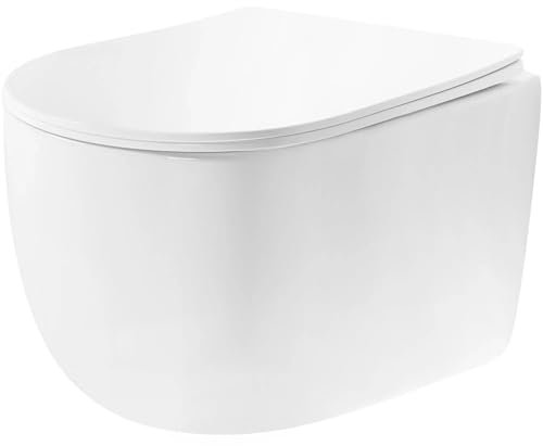 VBChome Hänge-WC Spülrandloses aus Keramik mit Toilettendeckel WC-Sitz aus Duroplast Absenkautomatik Rimless SoftClose-Funktion Tiefspüler Toilette Oval Form Wand WC Tornado-System
