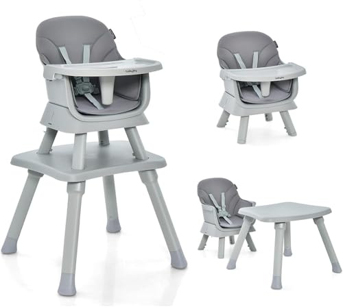 GOPLUS Trona Evolutiva Bebe 6 en 1 para Niños 6-36 Meses Hasta 25kg, Silla Bebé Comedor Portati con Bandeja Extraíble, Pies Antideslizantes, Arnés de 5 Puntos, Asiento para Juegetes y Estudio (Gris)