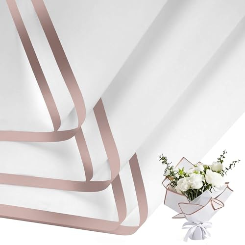 20 Hojas de Papel de Regalo para Ramos de Flores, Material Impermeable para Presentaciones y Manualidades, Hojas de Embalaje Decorativo。58x58cm (Blanco, Borde de Oro Rosa)