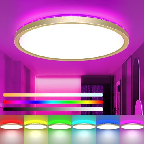 zemty LED Deckenleuchte Dimmbar 30CM, 24W 3200LM RGB Deckenlampe mit Fernbedienung, 3000K-6500K Flach Badezimmer Lampe Decke Wasserfest für Kinderzimmer Schlafzimmer Wohnzimmer Golden