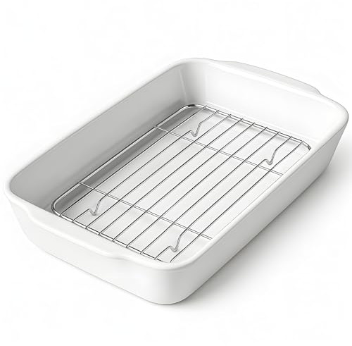HOMBENE 2 QT Small Ceramic Baking Dish, White Casserole Dish with Roasting Racks, Lasagna Pan for Oven, Ceramic Baking Pan, Kitchen Decor, Microwave Oven Safe, Dinner, Wedding (7.6 x 12.3)
