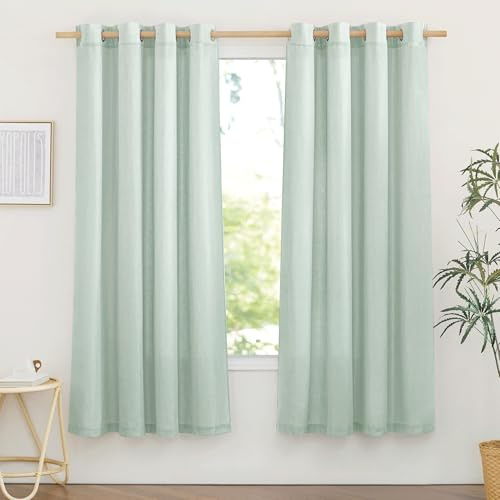 PONY DANCE Kurze Gardinen Halbtransparent Vorhang Leinen Küche/Schlafzimmer | Salbeigrün,2er Set,H160 x B140 cm,Boho Gardinen Leinenoptik mit Ösen,Leinenvorhang Landhaus Badezimmer Fenster,Linen Curtains