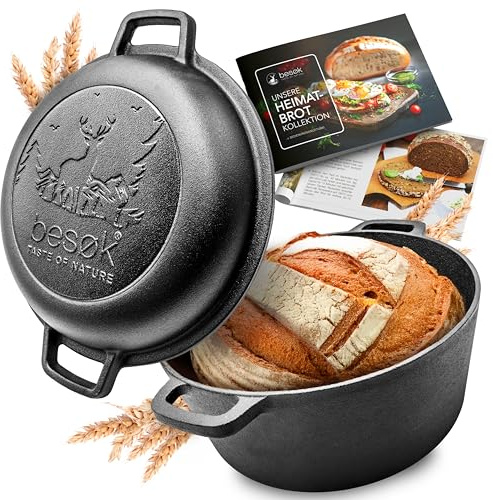 besok 26cm Gusseisen Topf Brot backen mit Deckel für selbstgemachtes Brot | Vorgebrannte Brotbackform mit Deckel, 26 cm & 4,7 Liter, für Sauerteig, knusprige Kruste, saftige Krume, inkl. Rezeptheft