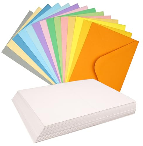 42 Stück Farbige Umschläge mit weiße Klappkarten, 130g/㎡ Farbige Briefumschläge 16 * 11cm 14 Farben, 250g/㎡ weiße Blanko-Klappkarten 15 * 10cm für Grußkarten und Einladungen
