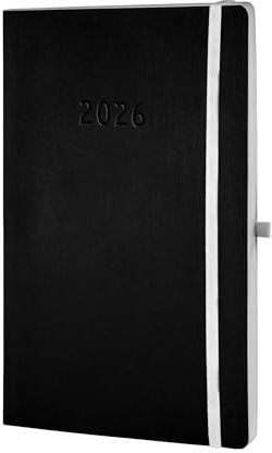 Chronoplan 50926 Buchkalender Kalendarium 2026 (Terminplaner A5 (135x210mm) mit Softcover, Wochenplaner, 1 Woche auf 2 Seiten, mit flexibler Stiftschlaufe, Einmerkband, Gummiverschluss) schwarz