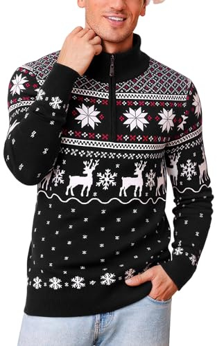 Crewhpo Pull Moche de Noël Homme Col Montant Motif Renne et Flocons Doux
