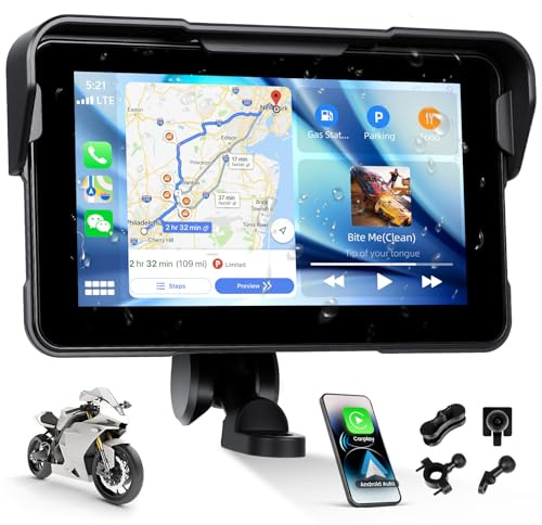 SIXTOP CarPlay Moto con CarPlay y Android Auto Inalámbricos, Pantalla Táctil Impermeable de 5 Pulgadas con Bluetooth Dual, Navegación GPS y Siri
