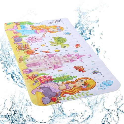 Baby Badematte,Cartoon Kinder Badewanne Matte, 100×40 cm, Extra Lange Anti-Rutsch-Badematte mit Saugnäpfen und Drain Löcher, waschbar Mermaid Muster Matte für Kinder und Erwachsene (Meerjungfrau)