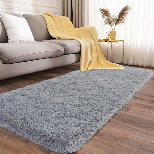 LIJIAO Teppich Kurzflor 50 x 180 cm Anti-Rutsch Unterseite, Super Soft, Felloptik Shaggy Hochflor Teppich Läufer Flur für Schlafzimmer Büro Bereich Dekor, Hellgrau