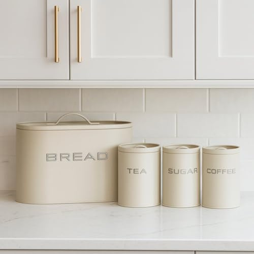 Set Contenitori Cucina in Latta Porta Pane Barattoli 500 ml Zucchero Caffè Tè Organizer Dispensa Casa Barattoli Cucina Acciaio Design Moderno Vintage Set 4 Pezzi Rosso/Beige Idea Regalo Casa Natale