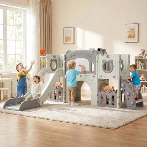 MAMIZO 10 en 1 Toboggan pour Tout-Petits, Toboggan Enfant Panier de Basket et Télescope, Jeu Exterieur Enfant, Aire de Jeux Intérieure et Extérieure, Stockage et Tunnel, mit 4PCS Moduls, Gris et Blanc