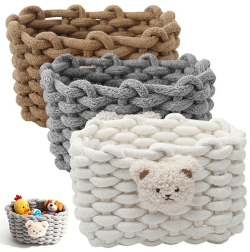 3 Stück Aufbewahrungskorb Baumwolle - Geflochten Körbchen Aufbewahrung, 20x15x13cm Körbchen Aufbewahrungskorb, Dekor Häkelkorb Geflochtener Korb für Schränke, Schreibtisch (Grau, Braun und Weiß)
