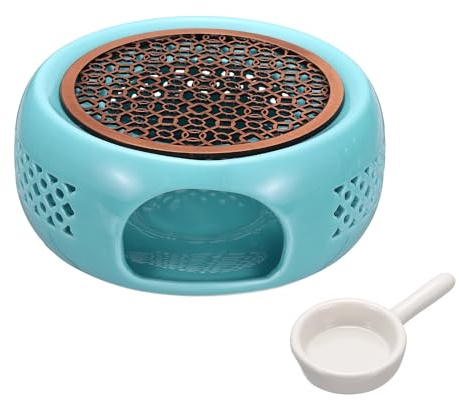 sourcing map Teapot Warmer, Ceramic Tea Warmer Ceramic Teapot Heater with Alloy Pad Tealight Holder for Heating Coffee Milk Water Heatproof Dish Warming Use, Blue Diamond Window Design