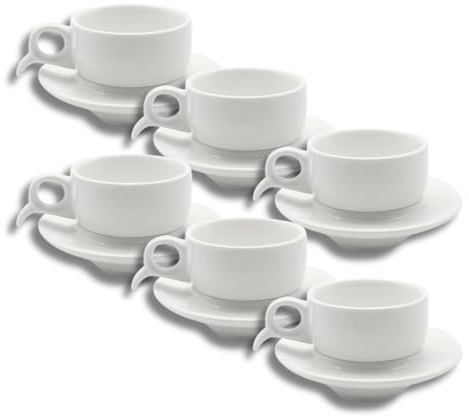 LEONARDO LUXURY HOME DESIGN Set 6 Tazze da Caffè Impilabili con 6 Piattini 6 Coperchi Coordinati Porcellana Finitura Liscia e Raffinata Elegante Idea Regalo (Senza Coperchi)