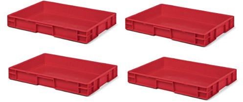 1a-TopStore 4 Stk. Transport-Stapelkasten TK675-0, rot, 600x400x75 mm (LxBxH), aus PP, Volumen: 14.5 Liter, Traglast: 30 kg, lebensmittelecht, made in Germany, Industriequalität