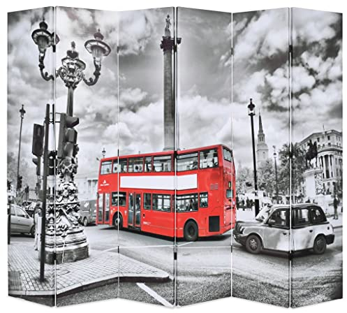 vidaXL Multicolour Folding Room Divider, Large 228x170cm, Solid Fir Wood Frame and Canvas Fabric with London Bus Print, Black and White Paravent for Bedroom, Living Room, Office